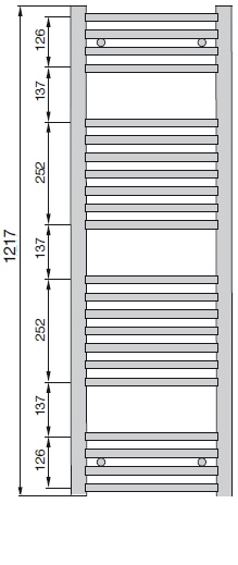 Размеры полотенцесушителя Zehnder Aura высотой 1217 мм