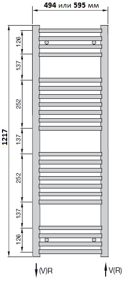 Размеры полотенцесушителя Zehnder Aura Bow высотой 1217 мм