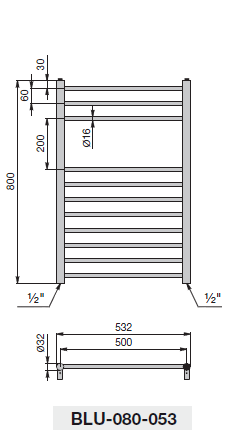 Размеры полотенцесушителя Zehnder Bluebell модели BLU-080-053 Inox