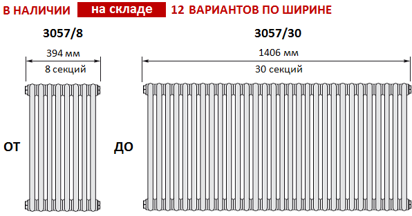 Радиаторы Zehnder 3057 на складе. Шириной от 394 до 1406 мм, с количеством секций от 8 до 30.